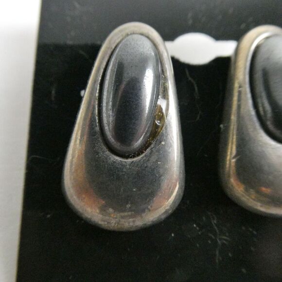 Silver Pewter Grey Two Tone Oblong Modernist Stud Pierced Earrings Mod Funky - Picture 2 of 5
